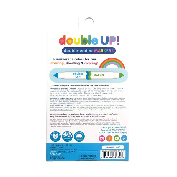 Double Up! Double-Ended Markers packaging showing product details and vibrant 12 washable colors for kids’ creative fun.