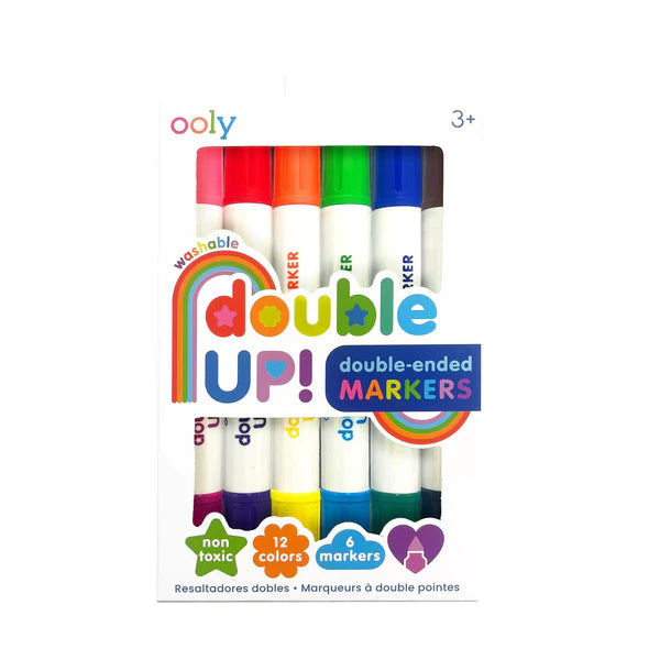 Double Up! Double-Ended Markers pack with six markers offering twelve washable, non-toxic colors for kids 3 and up.