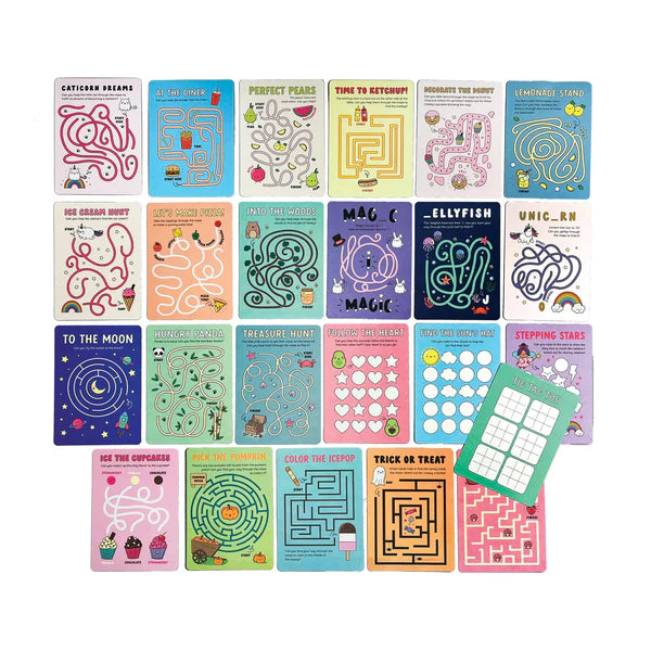 Activity Cards Mini Mazes featuring 24 colorful mini maze puzzles and tic-tac-toe games on each card for kids.