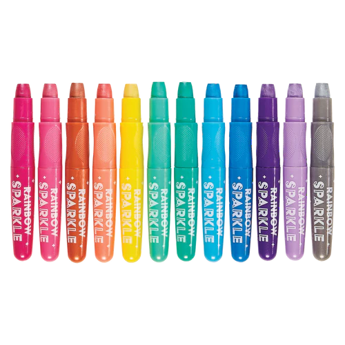 Rainbow Sparkle Watercolor Gel Crayons set of 12 vibrant twist-up crayons with comfort grip for watercolor effects.