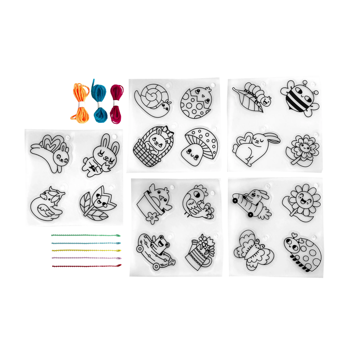 Shrink-Its! Garden Pals showing pre-cut garden-themed designs with colored cords for DIY shrink art charms.