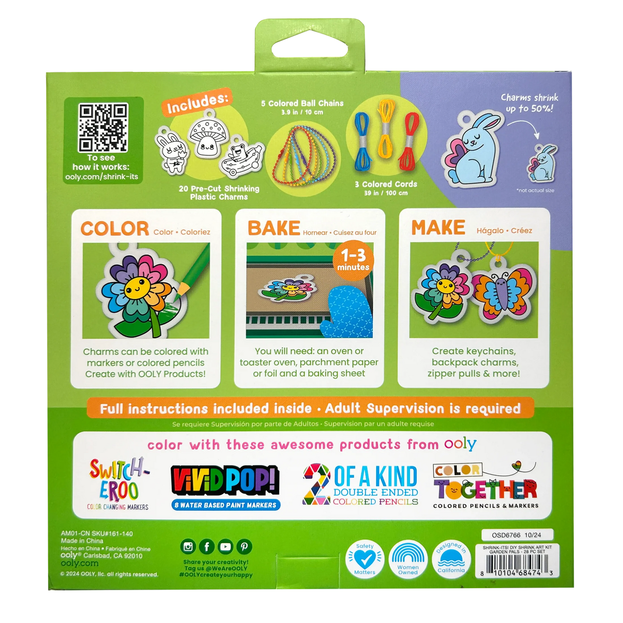 Shrink-Its! Garden Pals DIY kit with garden-themed charms, colored cords, and ball chains for baking and crafting.