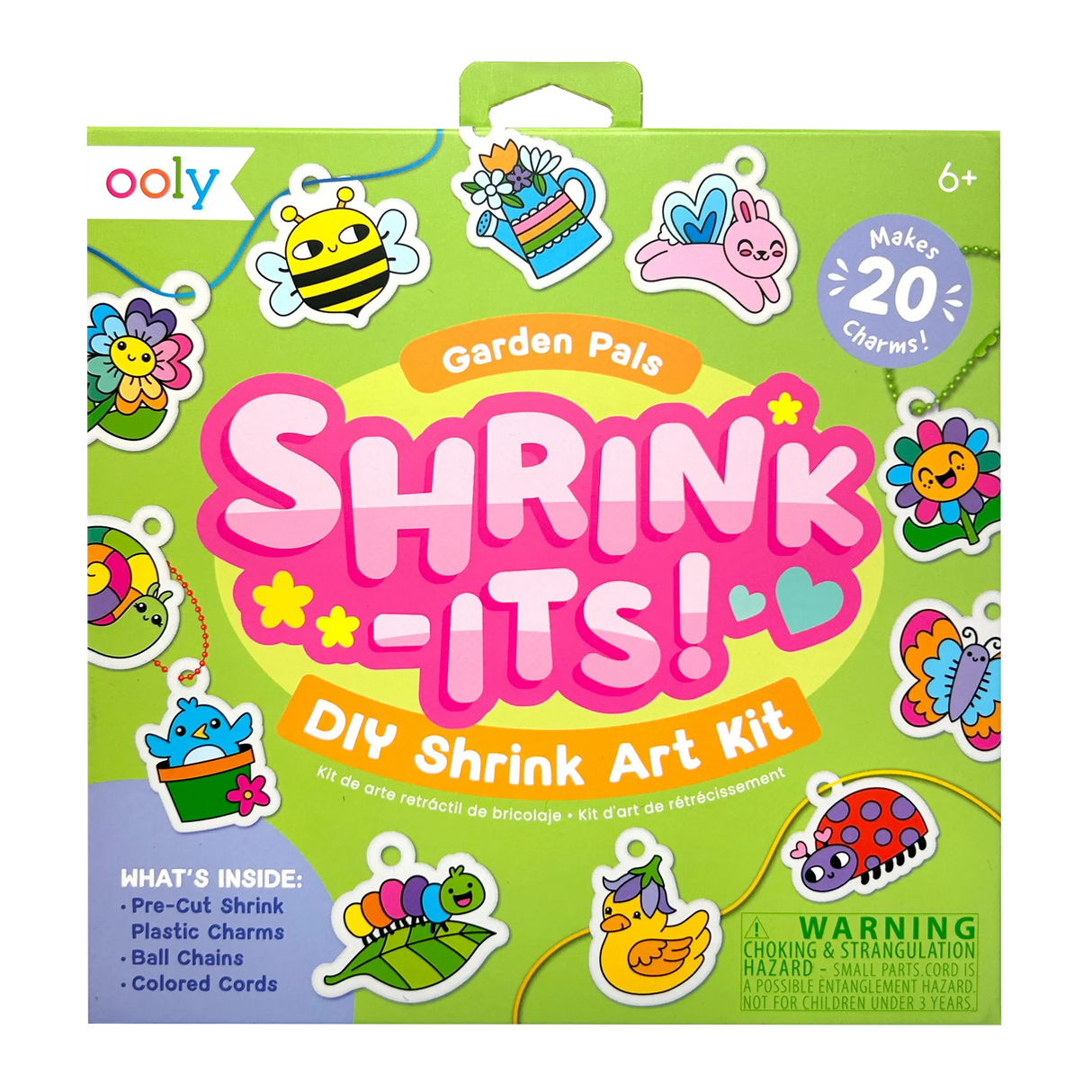 Shrink-Its! Garden Pals DIY Shrink Art Kit with colorful garden-themed charms, cords, and ball chains for crafting.