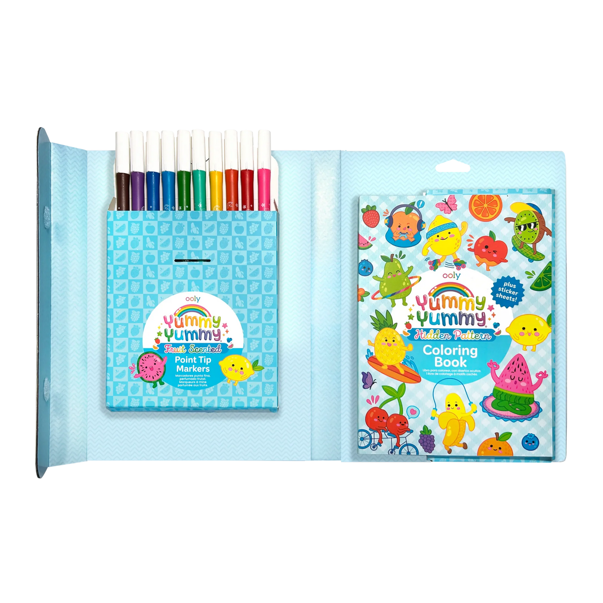 Yummy Yummy Scented Coloring Kit with 10 fruit-scented markers and hidden pattern coloring book for kids.
