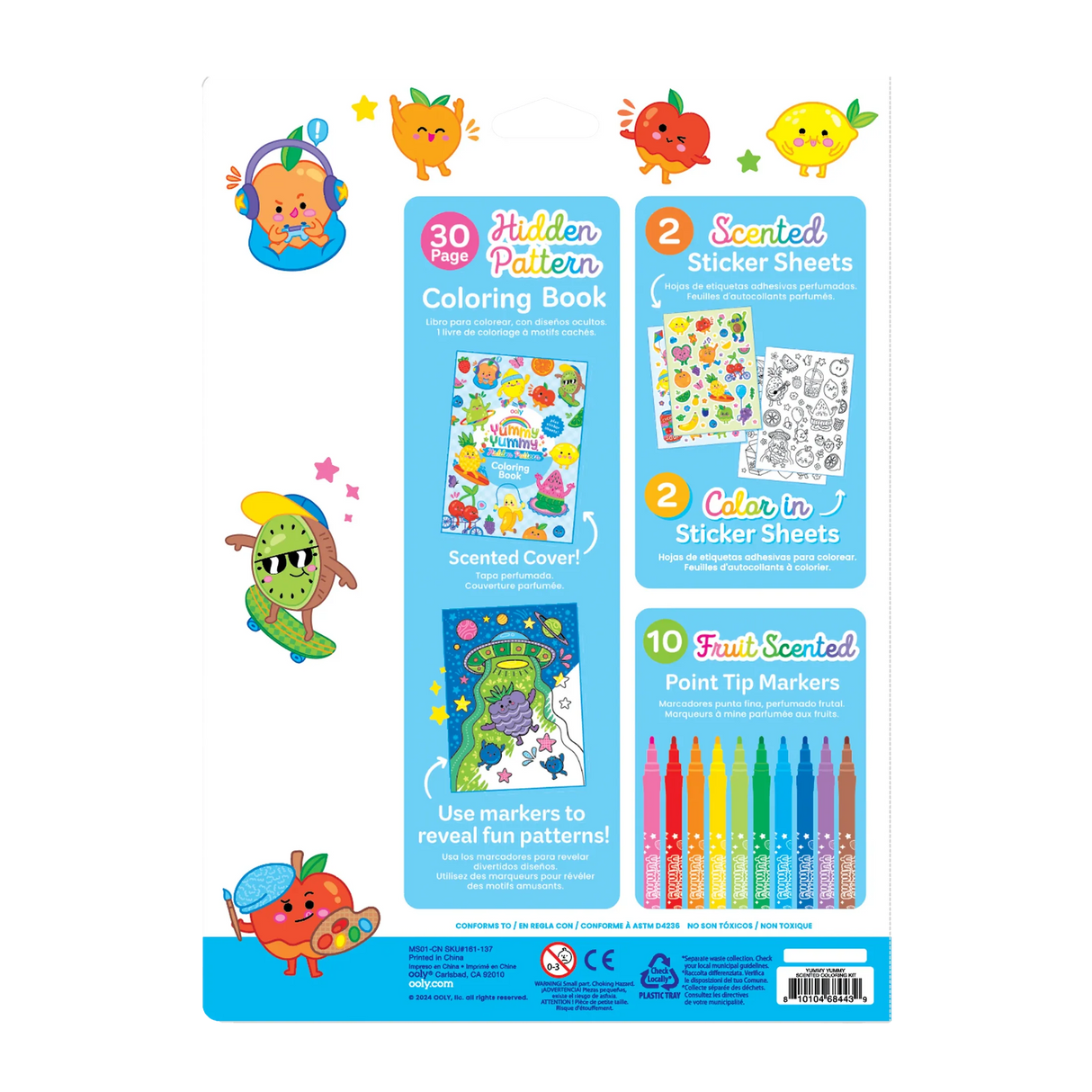 Back packaging of Yummy Yummy Scented Coloring Kit showing coloring book, scented stickers, and 10 fruit-scented markers.