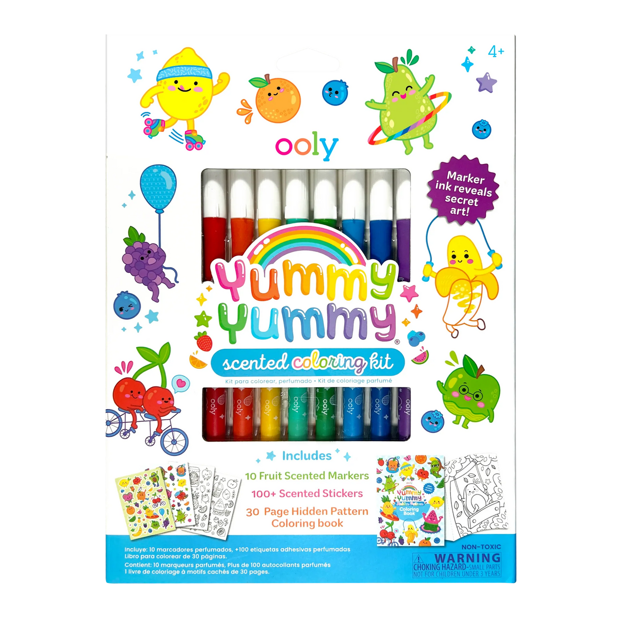 Yummy Yummy Scented Coloring Kit with 10 fruit-scented markers, 100+ scented stickers, and a hidden pattern coloring book.