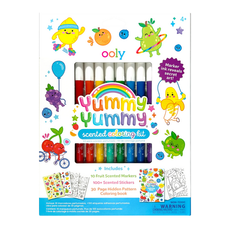 Yummy Yummy Scented Coloring Kit with 10 fruit-scented markers, 100+ scented stickers, and a hidden pattern coloring book.