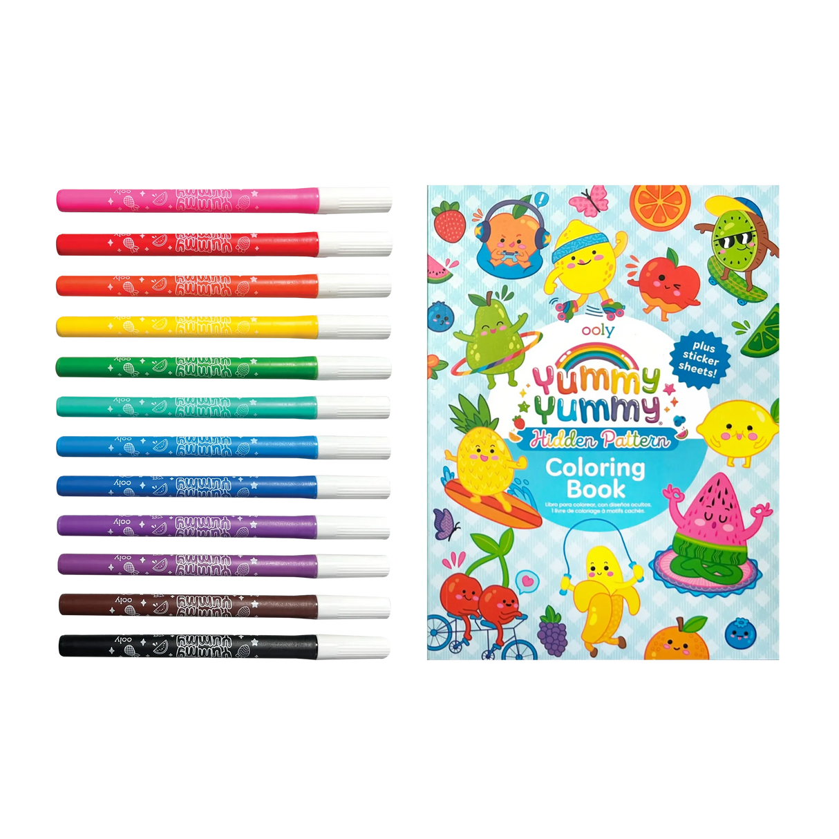 Yummy Yummy Scented Coloring Kit with 10 colorful fruit-scented markers and hidden pattern coloring book for kids.