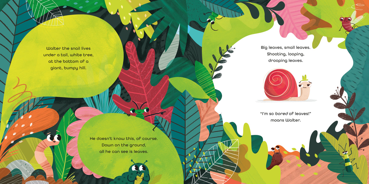 Walter the Wonder Snail surrounded by colorful leaves, looking curious and ready for a big adventure beyond his garden.