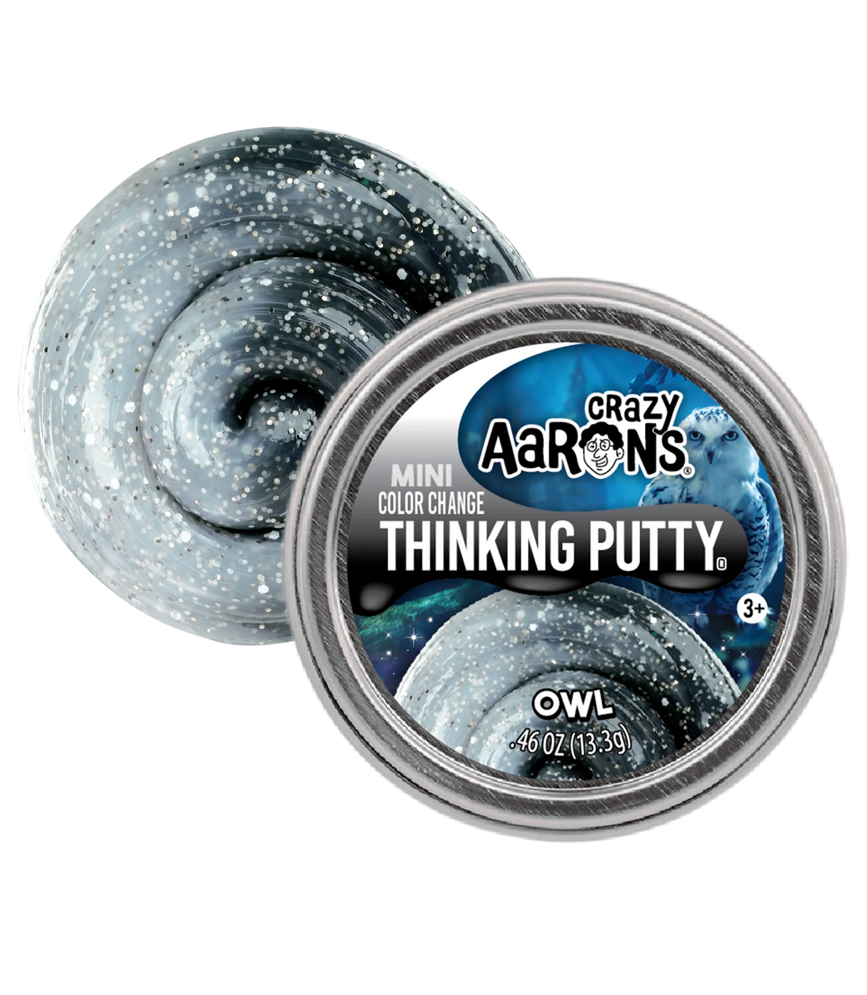 Mini Color Change Owl Thinking Putty in black and white with silver sequins in a tin for ages 3 and up.