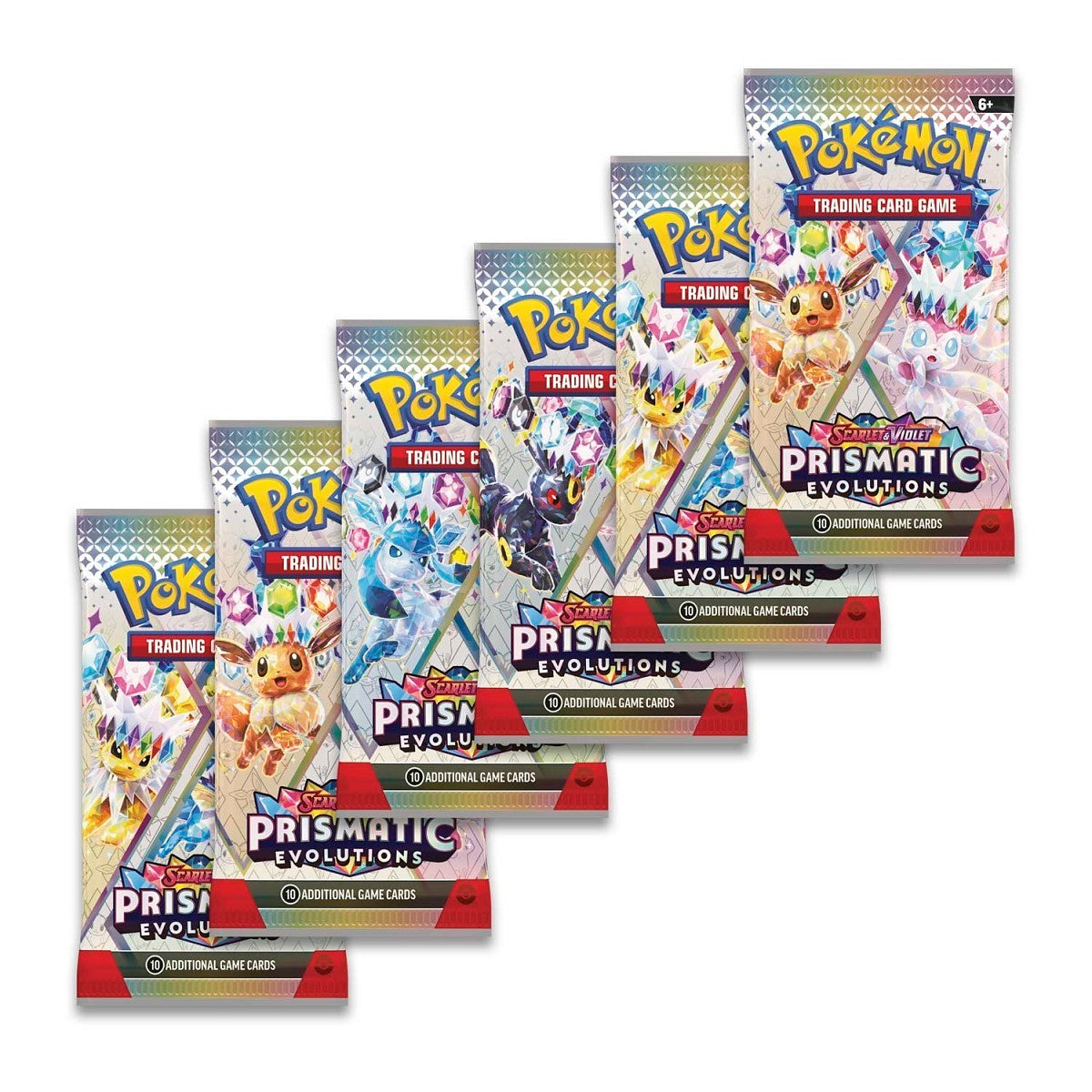 Pokemon Prismatic Evolutions Booster Bundle showing six colorful Pokémon TCG booster packs with Eevee and evolutions artwork.