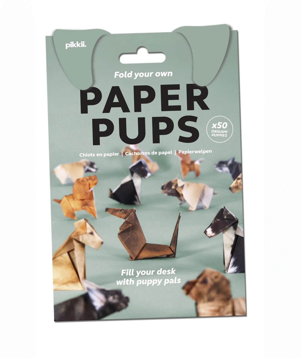 Fold your own paper puppies kit with 50 origami dogs to decorate your desk or workspace with playful designs