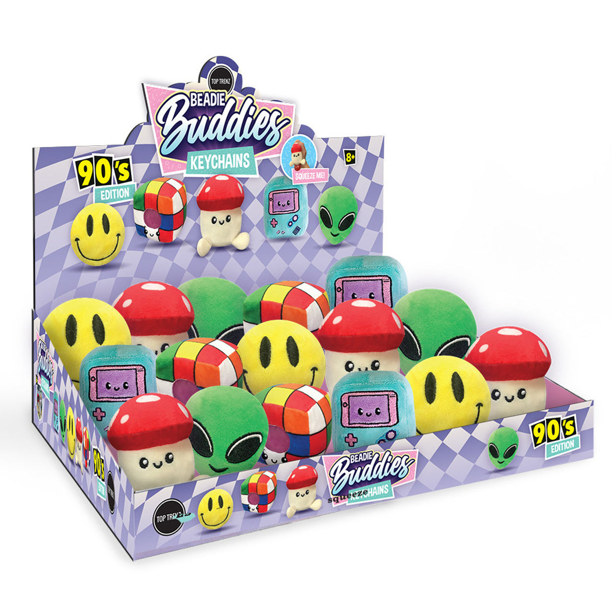 Beadie Buddies 90s Keychain display box with assorted soft plush squeeze toys in 90s-themed designs for ages 8 and up.