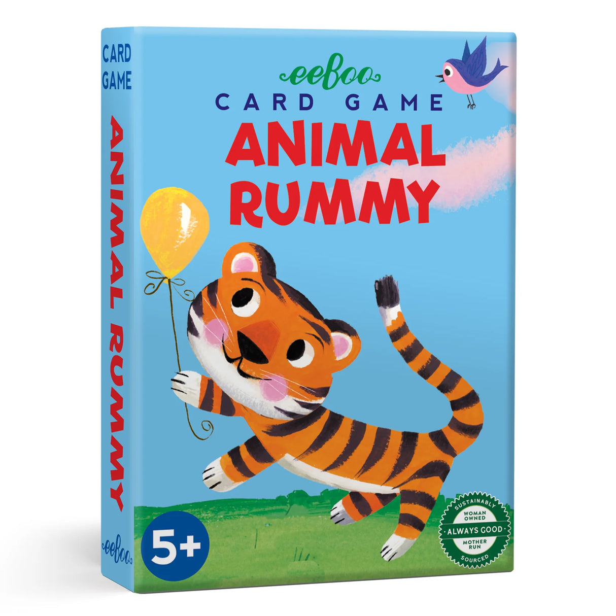 Animal Rummy card game box with playful tiger holding yellow balloon against blue sky background.