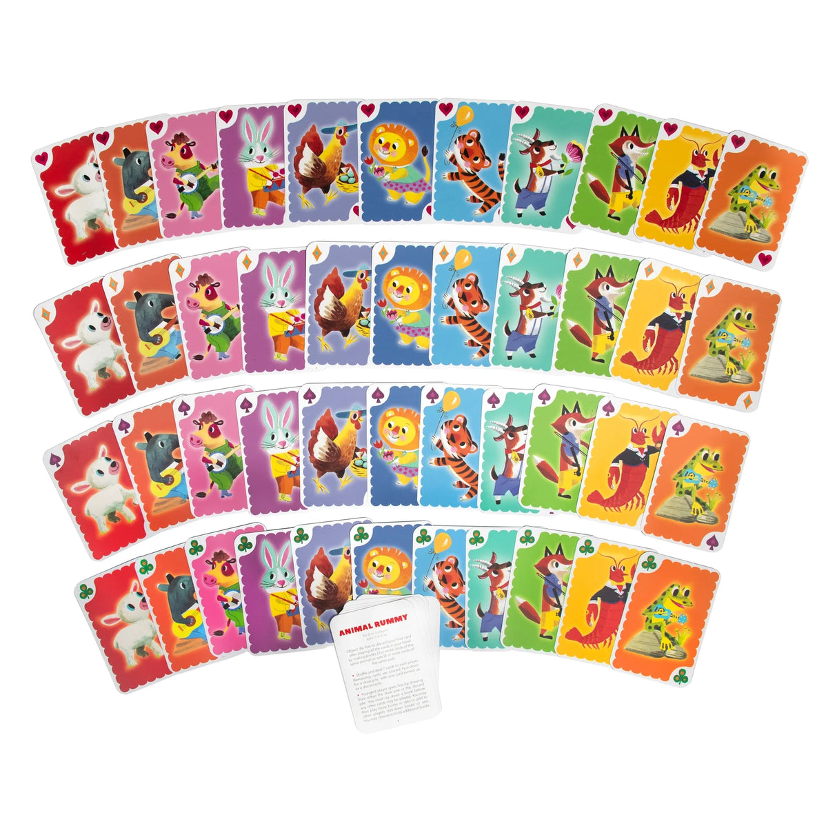 Animal Rummy playing cards with colorful animal illustrations, vintage design, and included instructions card.