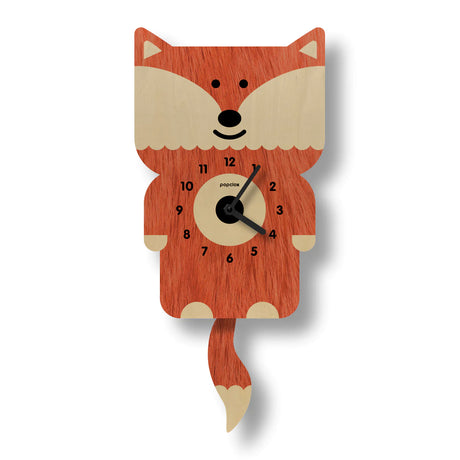 Wood Pendulum Clock | Fox with original design, silent quartz movement, natural wood finish, and pendulum tail detail.