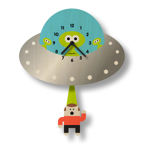 Wood Pendulum Clock | Saucer with playful saucer design and pendulum character hanging below in natural wood finish.