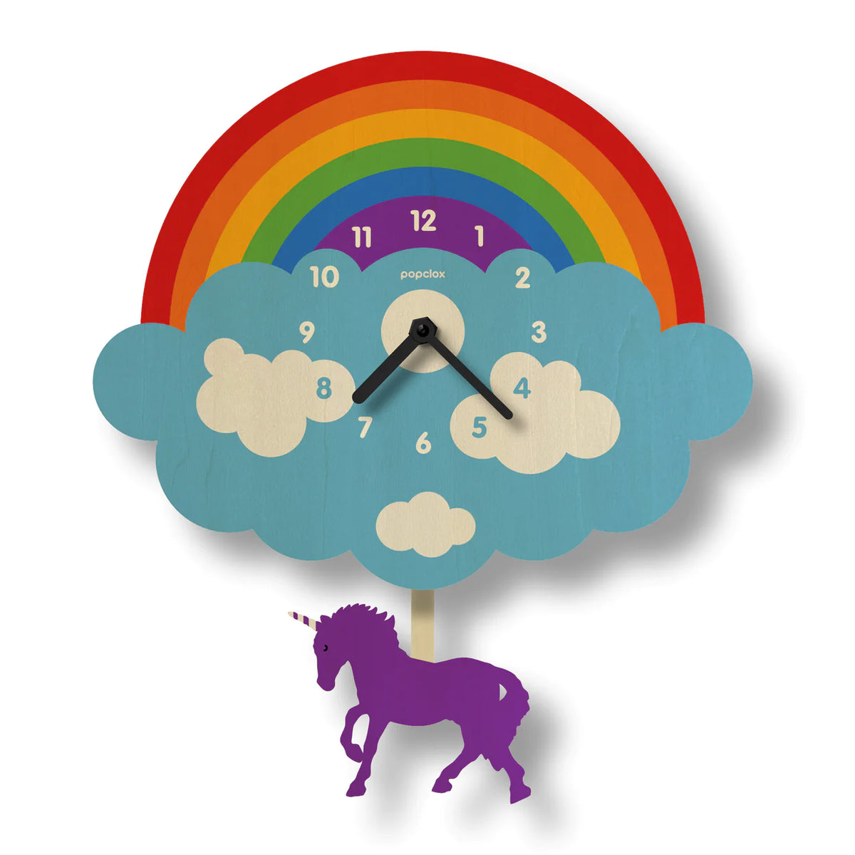 Wood Pendulum Clock | Rainbow with colorful rainbow, cloud design, and purple unicorn pendulum, silent quartz movement wall clock.