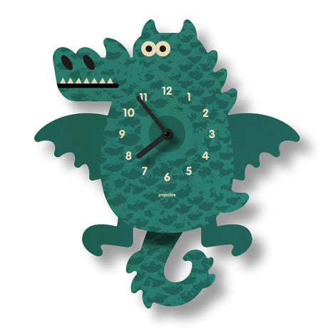 Wood Pendulum Clock | Dragon in natural wood finish with silent quartz movement and playful dragon design.