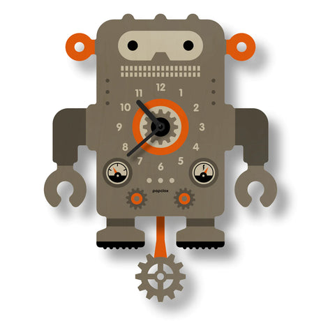 Wood Pendulum Clock | Robot featuring original robot design with silent quartz movement and pendulum in natural wood finish.