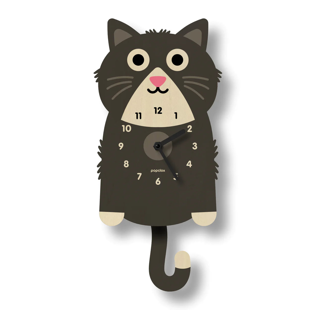 Wood Pendulum Clock | Kitten with silent quartz movement and swinging tail pendulum in natural wood finish.