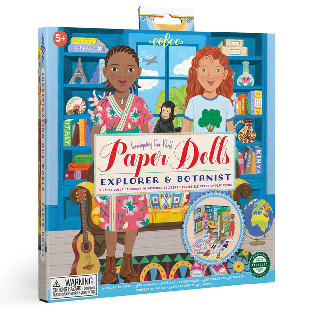 Paper Dolls Explorer & Botanist featuring two paper dolls with reusable clothes and a fold-out play scene for imaginative play.