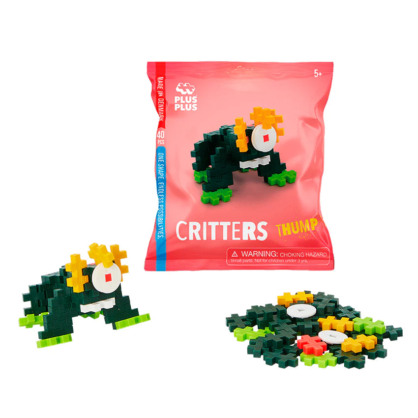 Plus Plus Critters Bag with colorful building pieces and instructions to create a Thump critter figure for ages 5 to 12.