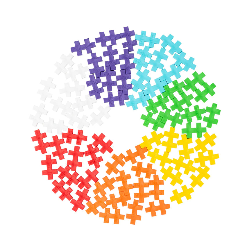 Plus Plus Rainbow 70pc colorful building pieces arranged in a circle for creative STEM play.