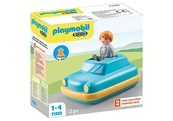 Boxed Playmobil 1:2:3 123 Push & Go Car toy with figure, designed for toddlers aged 1 to 4 years.