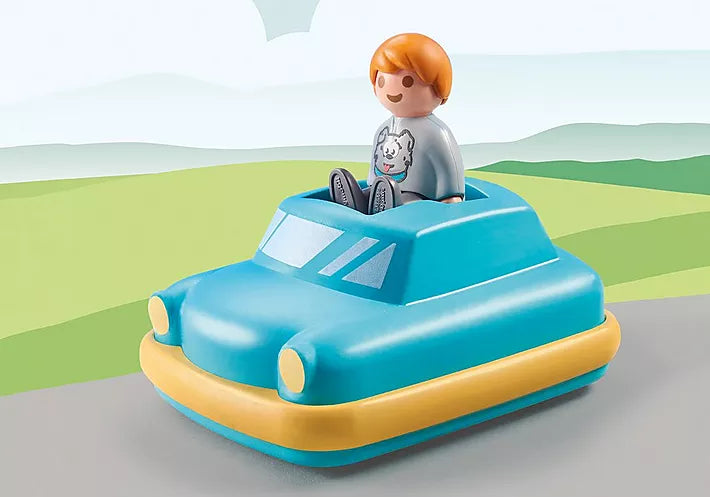 123 Push & Go Car with figure, featuring a blue and yellow flywheel motor vehicle for toddler play and development.