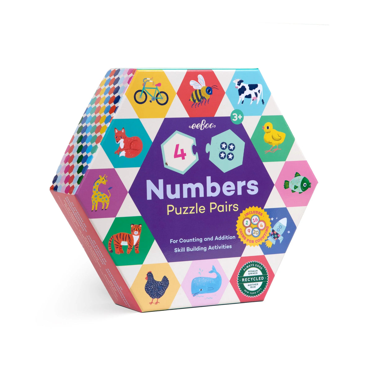 Numbers Puzzle Pairs educational matching game in colorful animal themed hexagonal packaging for counting and addition