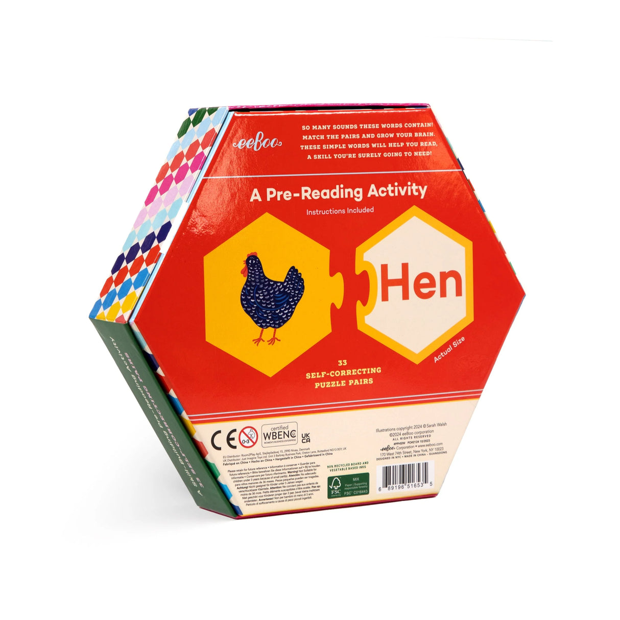Simple Words Puzzle Pairs hexagon box showing pre-reading activity with colorful hen illustration and word puzzle piece.