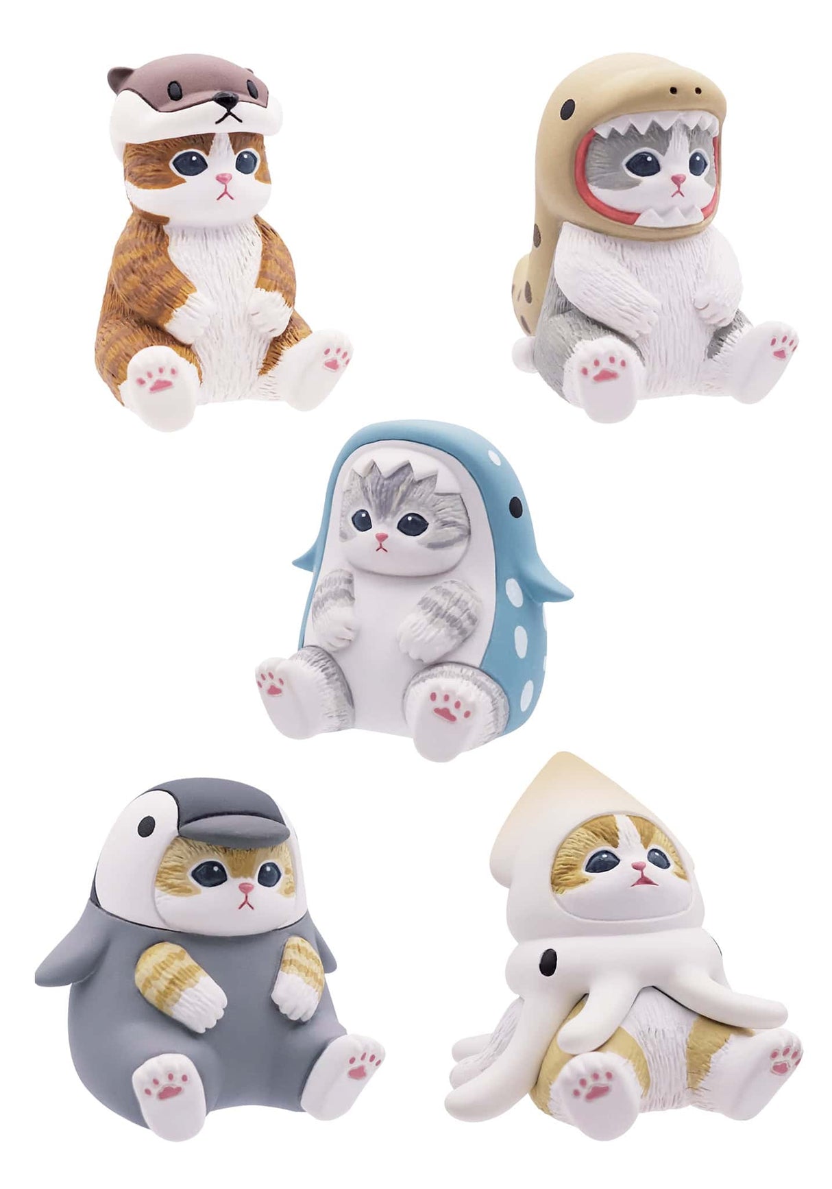 Depiction of the five different styles of Mofusand that may be in the box: a cat dressed as a squid, sea otter, penguin, whale shark, and eel.