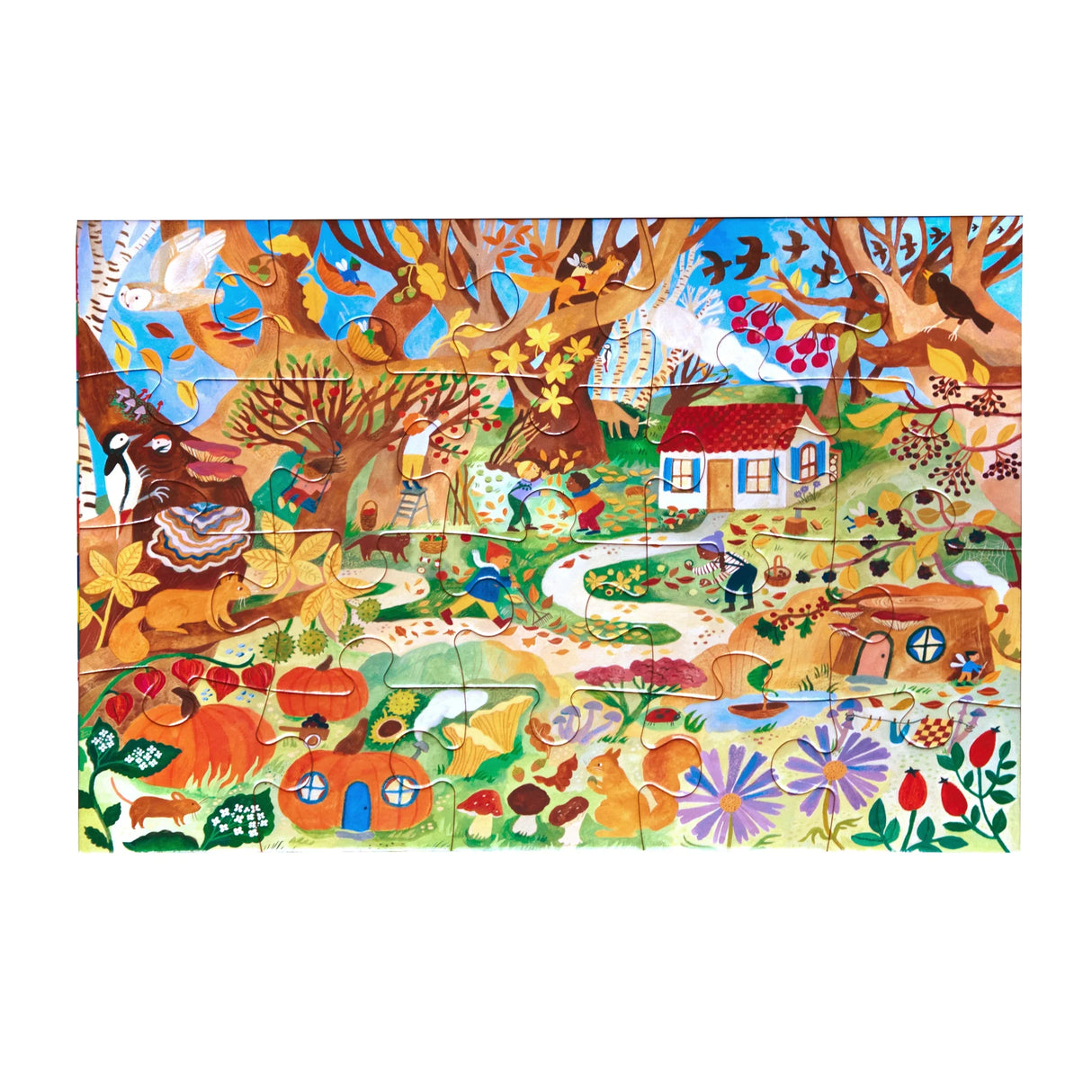 20pc Fairy Cottage Puzzle featuring an autumnal fairyland with children, wildlife, a cottage, and forest fairies.