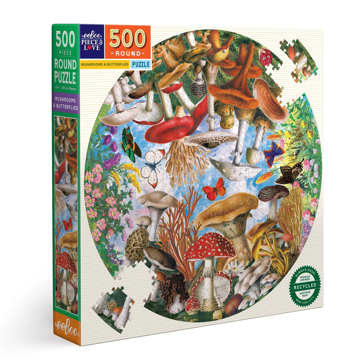 500pc Mushrooms & Butterflies Round Puzzle featuring colorful mushrooms and butterflies in a whimsical garden scene.