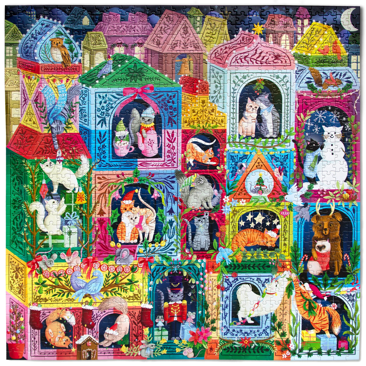 1000pc Christmas Cats Puzzle featuring colorful holiday cat portraits in festive illustrated windows