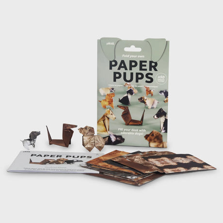Origami kit with 50 pre-printed paper sheets and instructions to fold various dog breeds into paper pups.
