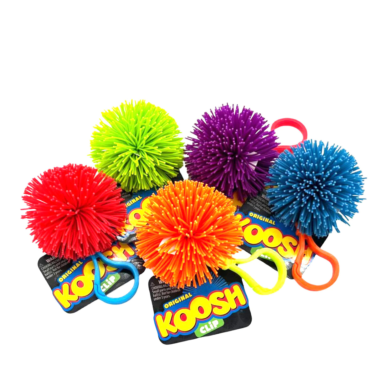 Colorful Koosh Clip toys with rubber filaments and clips, perfect for on-the-go fun with the classic 90s Koosh Clip.