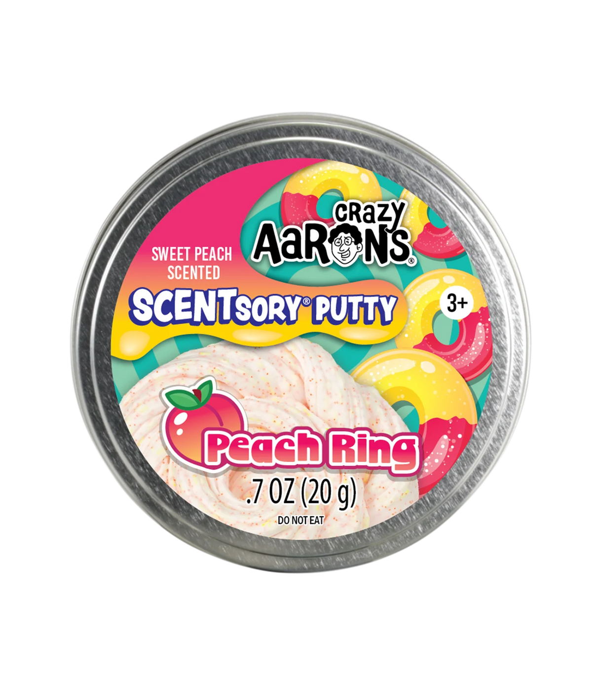 Round tin of peach ring scented putty with colorful candy ring illustrations on the label for ages 3 and up