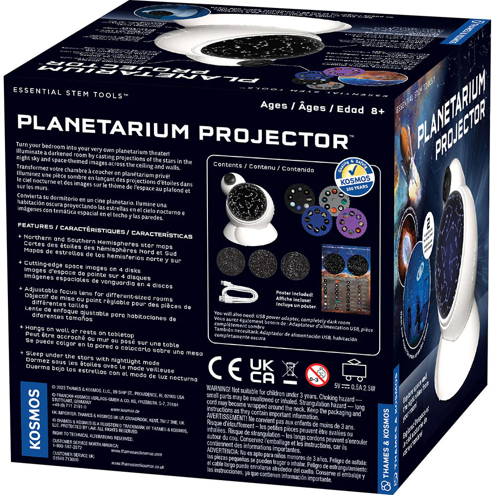 Box packaging of a planetarium projector showing product features and contents with space-themed design and images of star projections