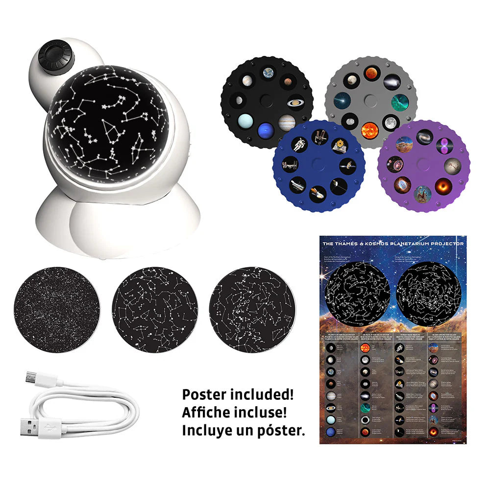 White planetarium projector with constellation and space-themed projection discs and an included star chart poster and USB cable