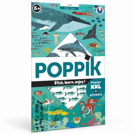 Poppik Discovery Poster Oceans with vibrant underwater species and 55+ stickers for kids 6 and up to learn and decorate.