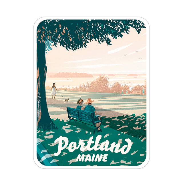 Portland Maine Bench Sticker shows a peaceful park scene with people relaxing and walking dogs under trees.