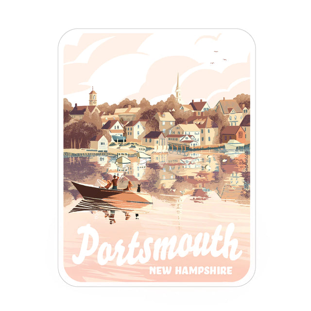 Portsmouth NH Houses Sticker showing a peaceful harbor scene with boats and charming New Hampshire homes.