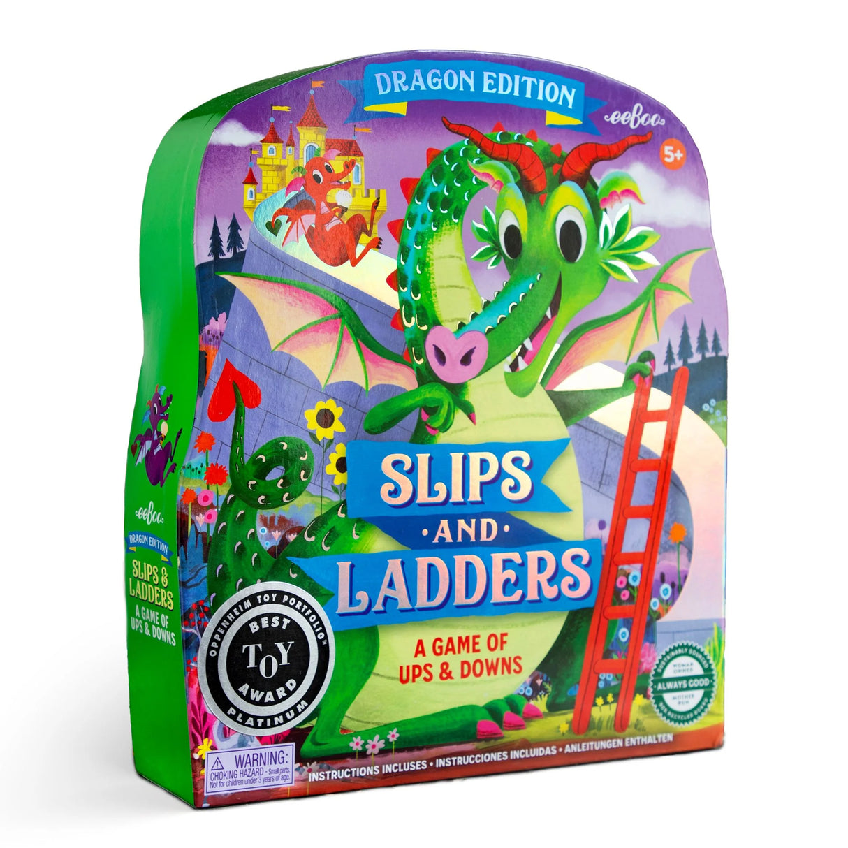 Slips & Ladders Dragon Edition board game box featuring a colorful dragon and ladders