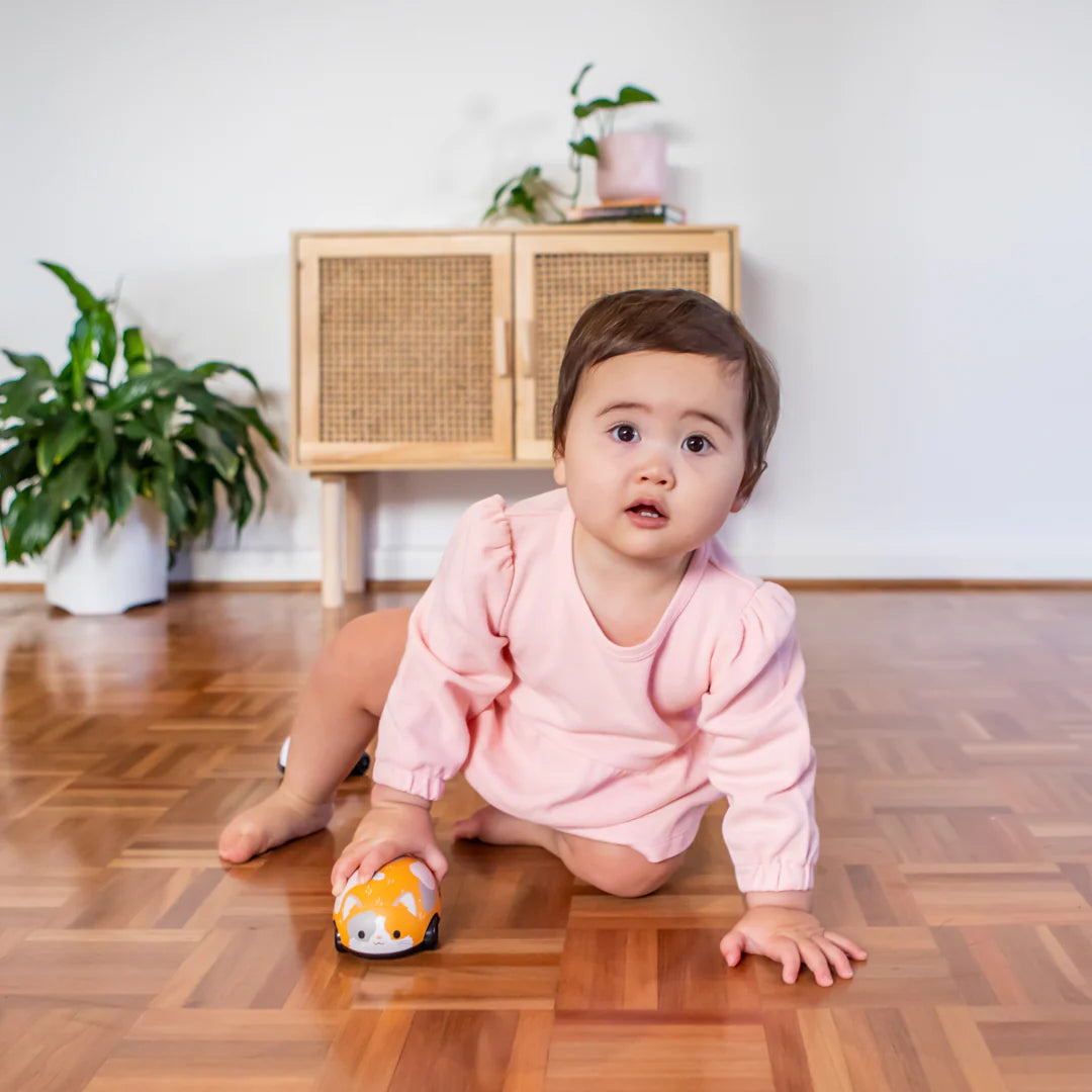 Baby playing on floor with Cat & Mouse Pullbacks toy, perfect for developing motor and tracking skills.