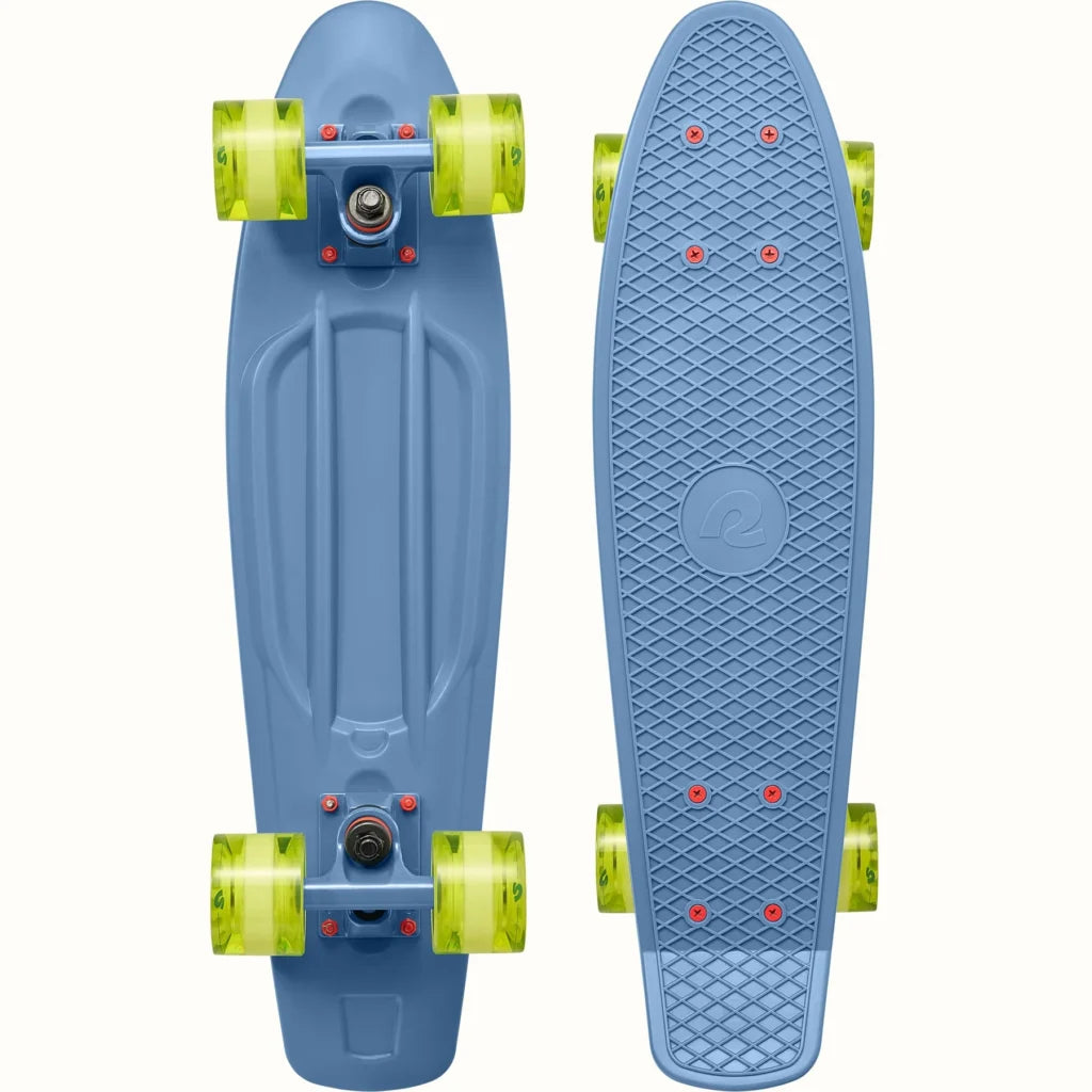 Quip Mini Cruiser Skateboard in Marine Blue with green wheels shown from top and bottom views.