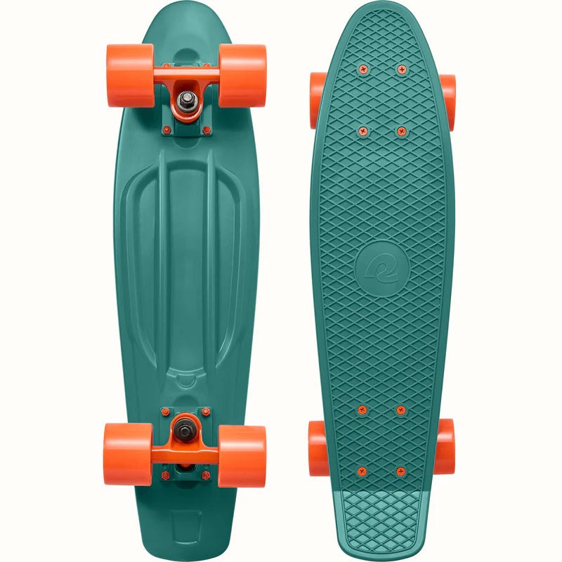 Quip Mini Cruiser Skateboard Tropical Teal with orange wheels, durable plastic deck, compact and lightweight design.