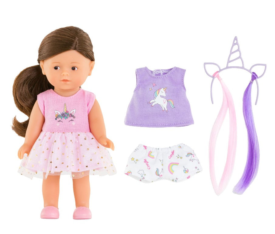Mini Corollines Romy Unicorn Set with 8-inch doll, pink dress, purple shirt, unicorn headband, and shorts accessories.