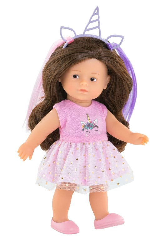 Mini Corollines Romy Unicorn Set doll wearing pink unicorn dress and headband with purple and pink hair extensions.